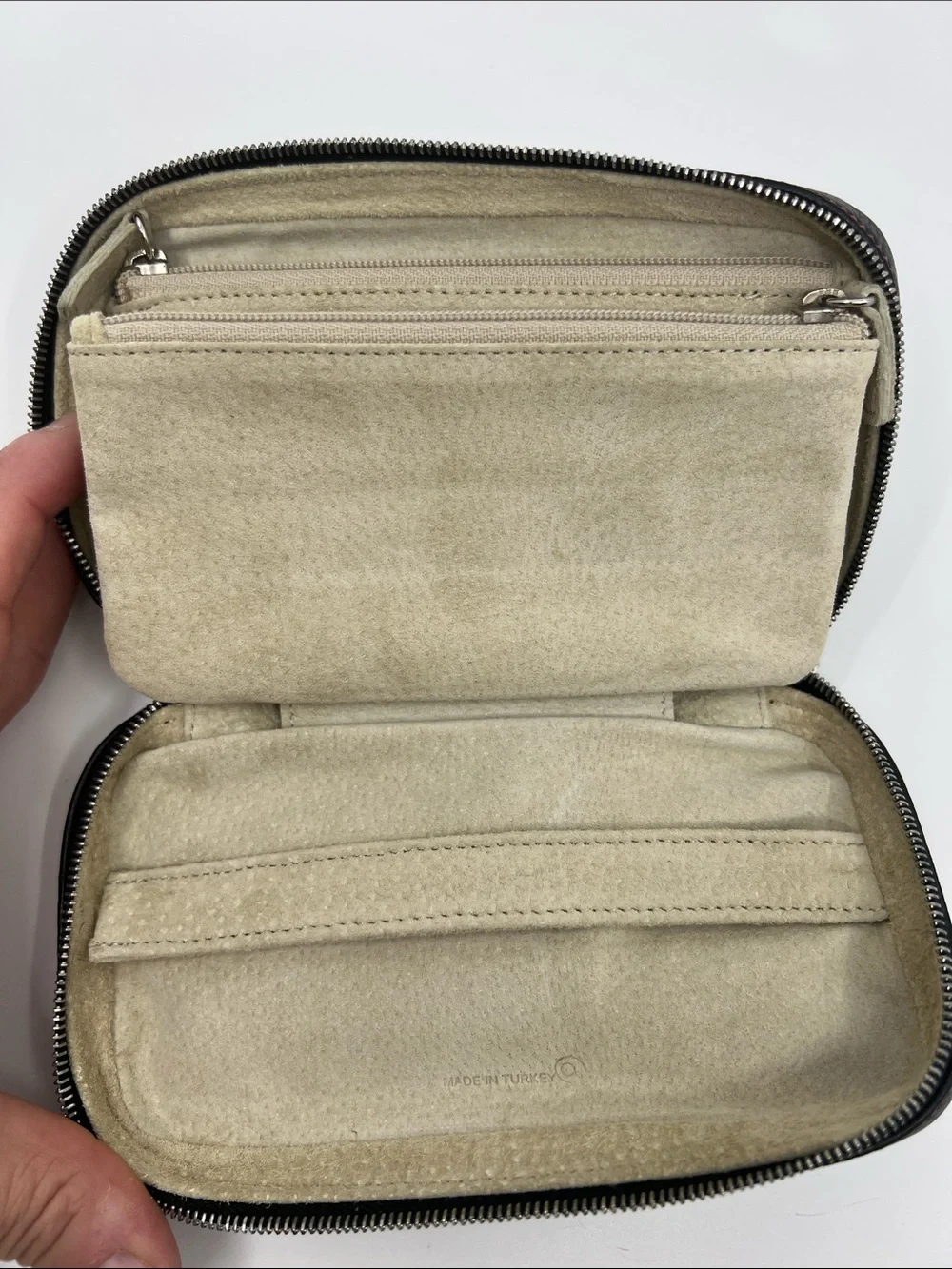 Coach Black Leather zip around Jewelry case with red stitching pig suede lined